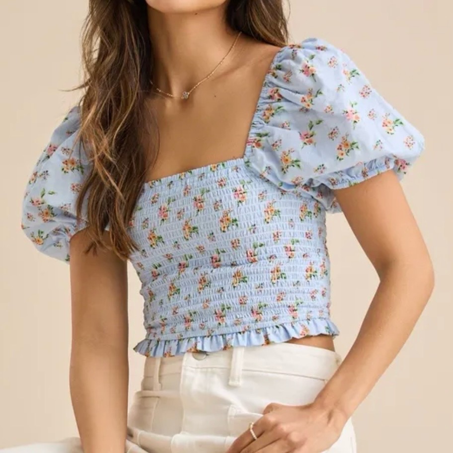 Altar'd State Smocked Blue Floral Crop Top Xl Puff Sleeve Cottage Fairy Nwot